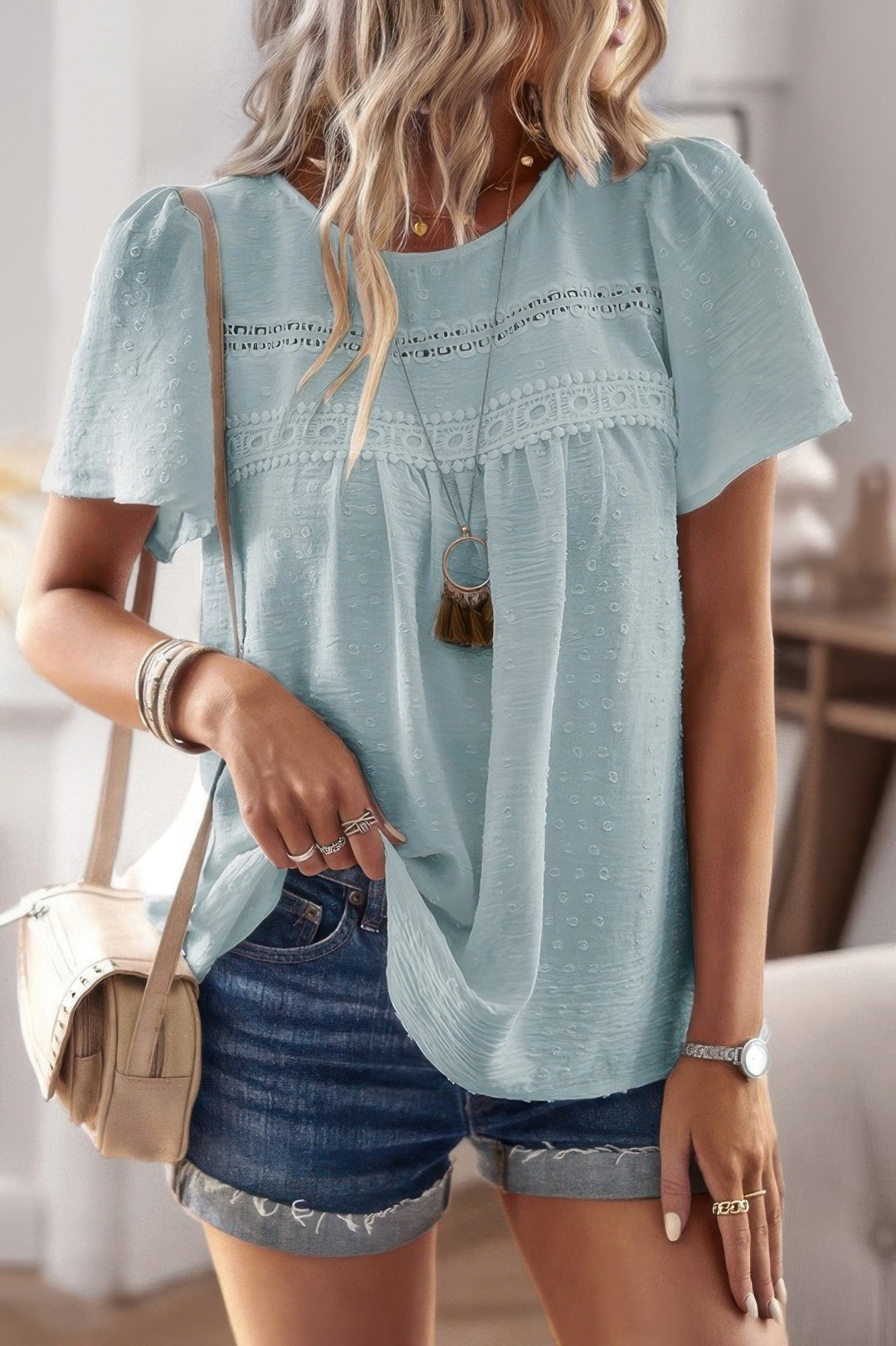 Plus Dot Cut Out Lace Trim Loose Fit Top