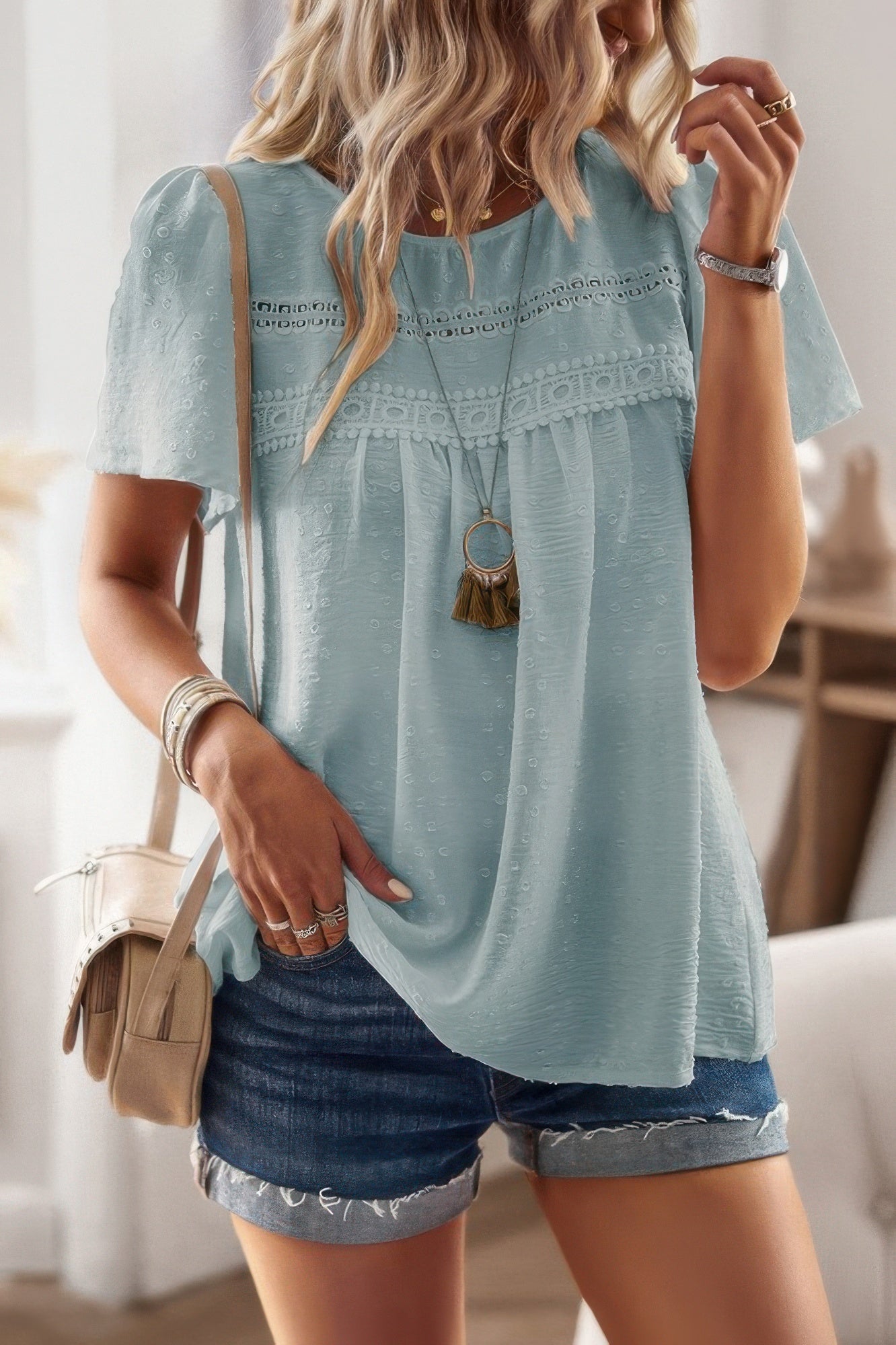 Plus Dot Cut Out Lace Trim Loose Fit Top