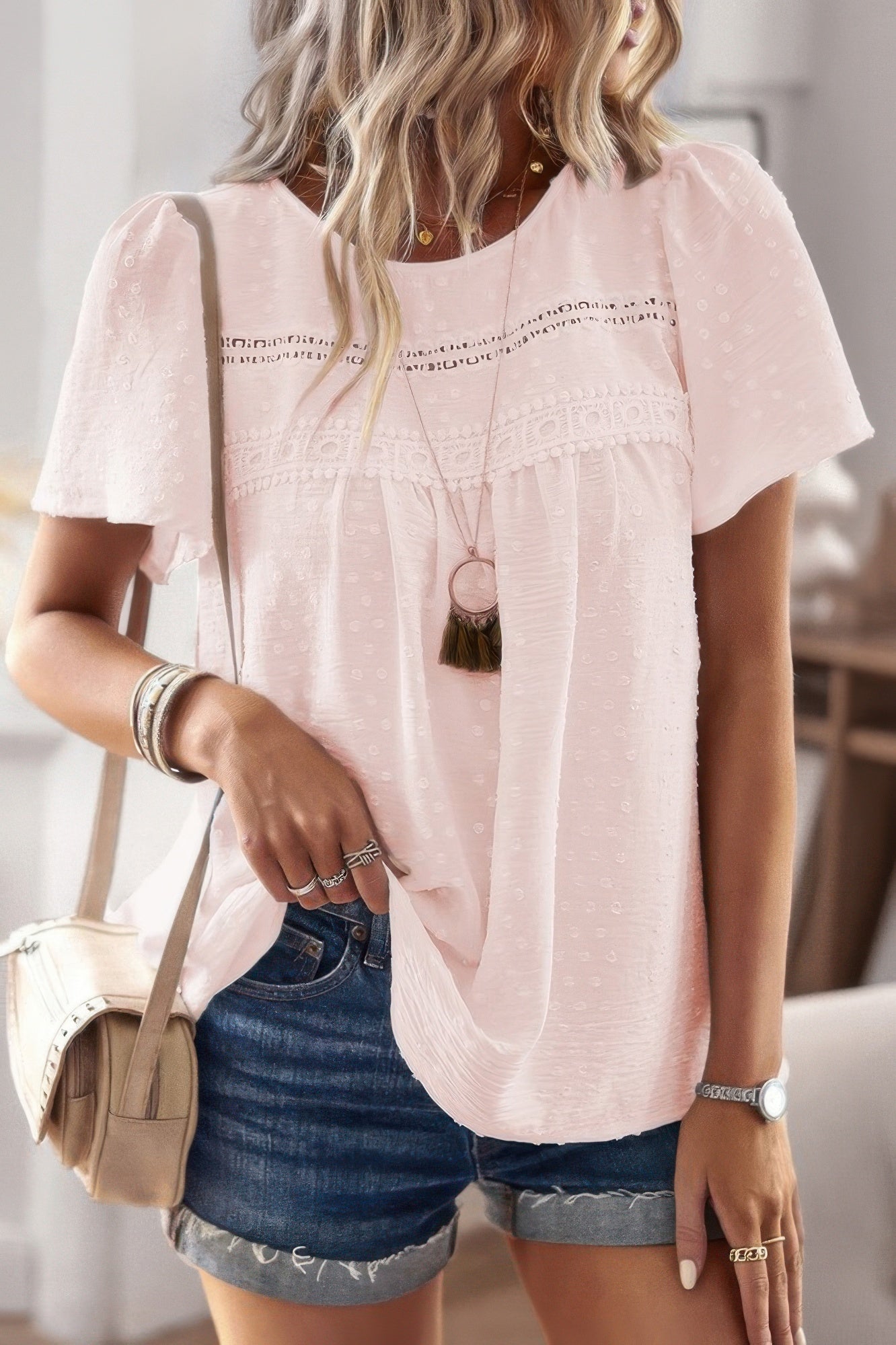 Plus Dot Cut Out Lace Trim Loose Fit Top