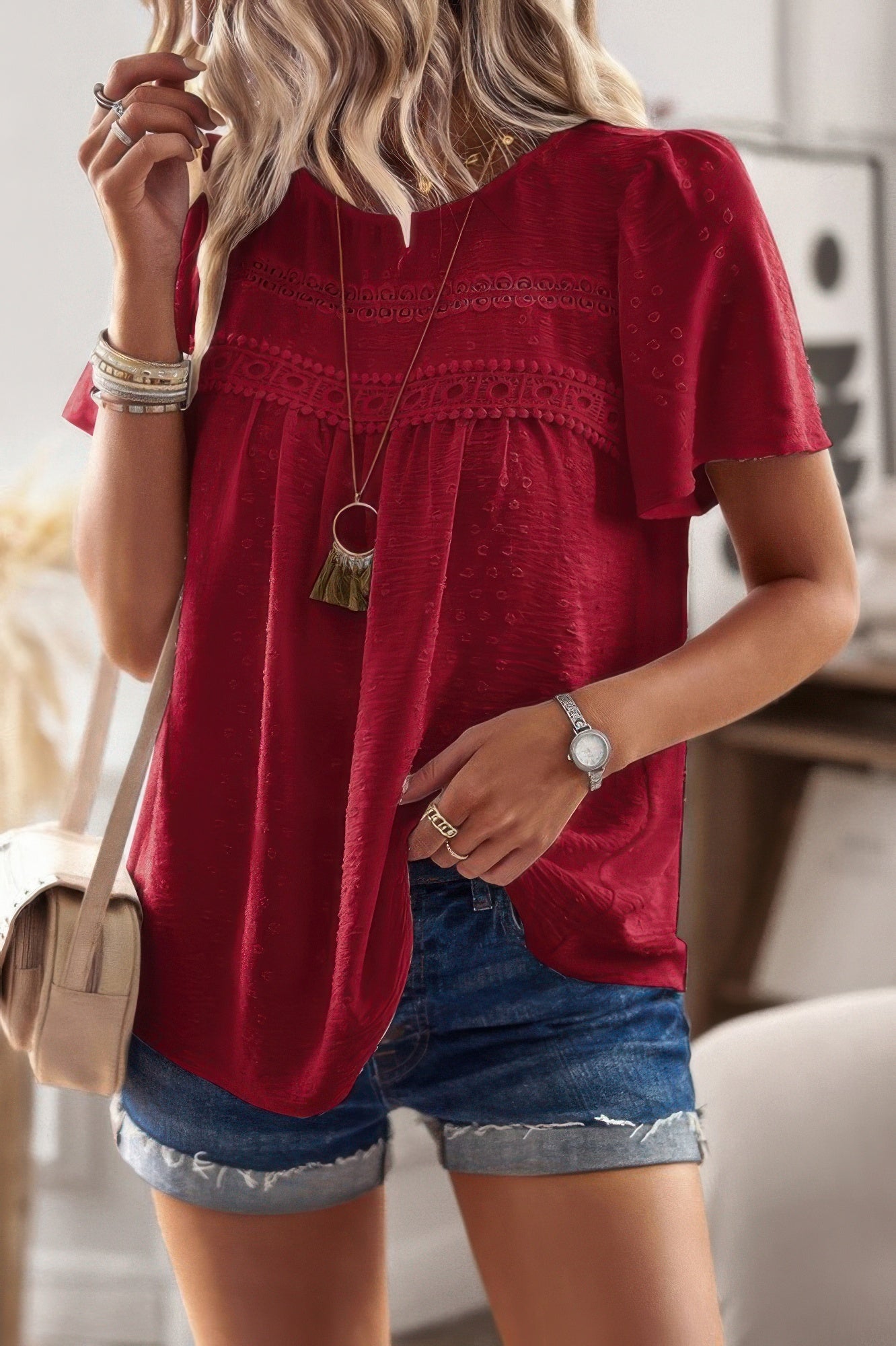 Plus Dot Cut Out Lace Trim Loose Fit Top