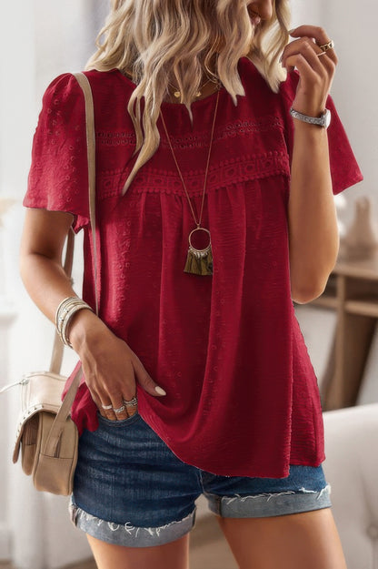 Plus Dot Cut Out Lace Trim Loose Fit Top