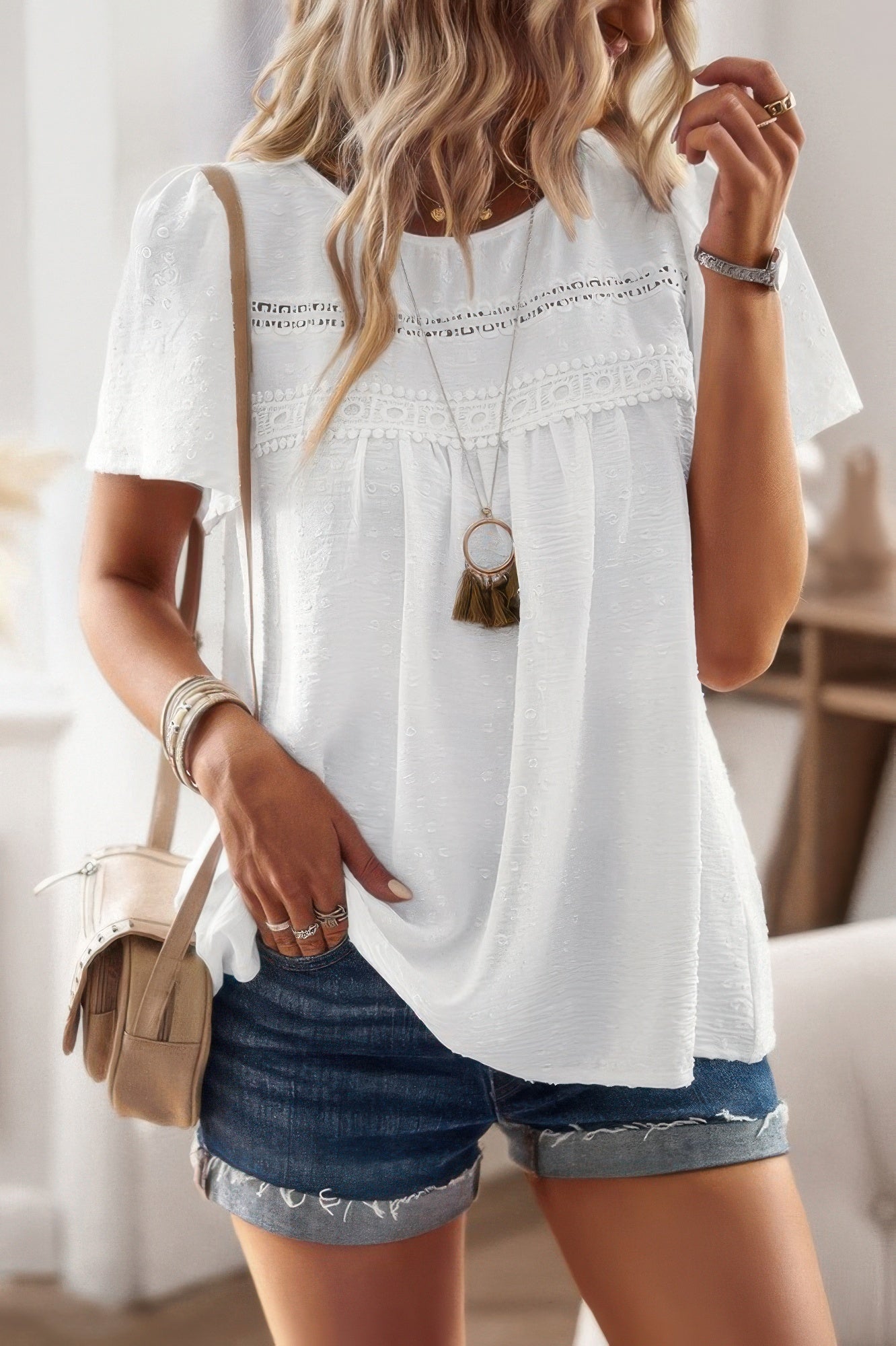 Plus Dot Cut Out Lace Trim Loose Fit Top