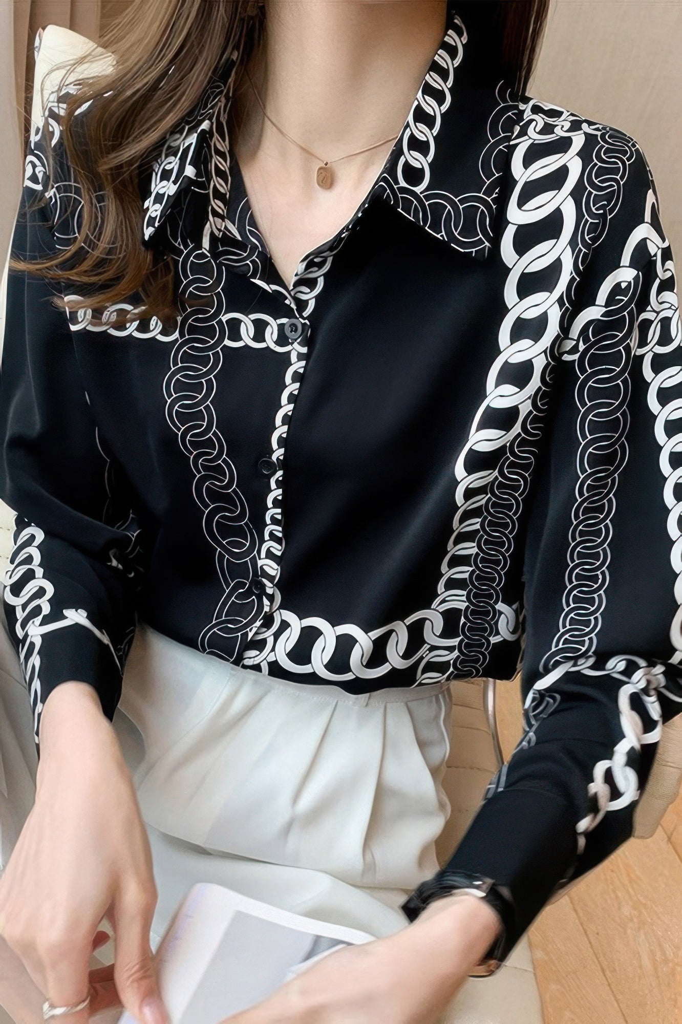 Chain Print Drop Shoulder Loose Fit Blouse
