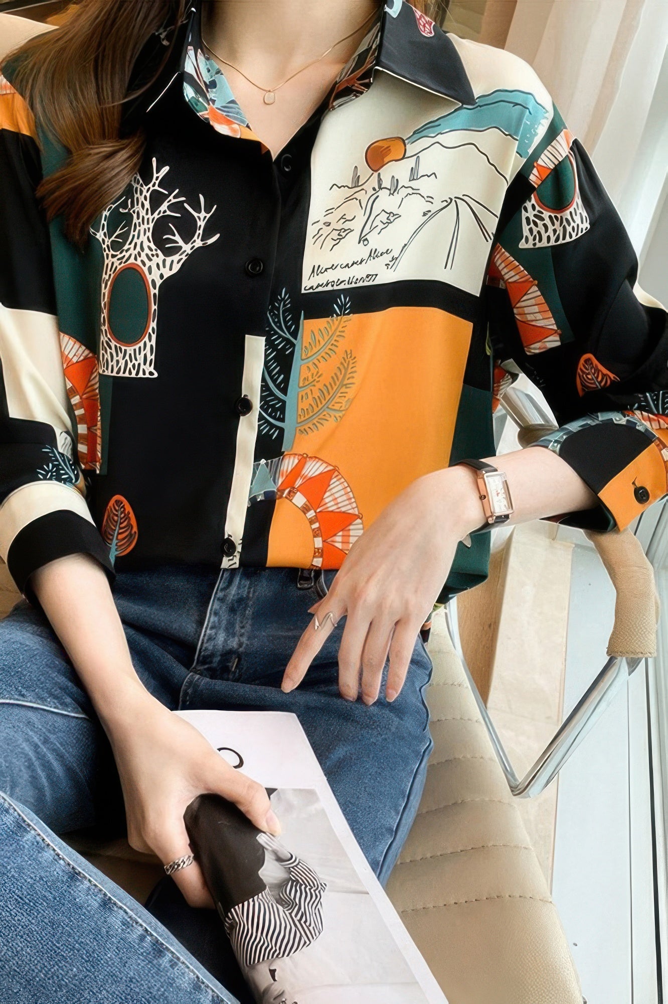 Chain Print Drop Shoulder Loose Fit Blouse