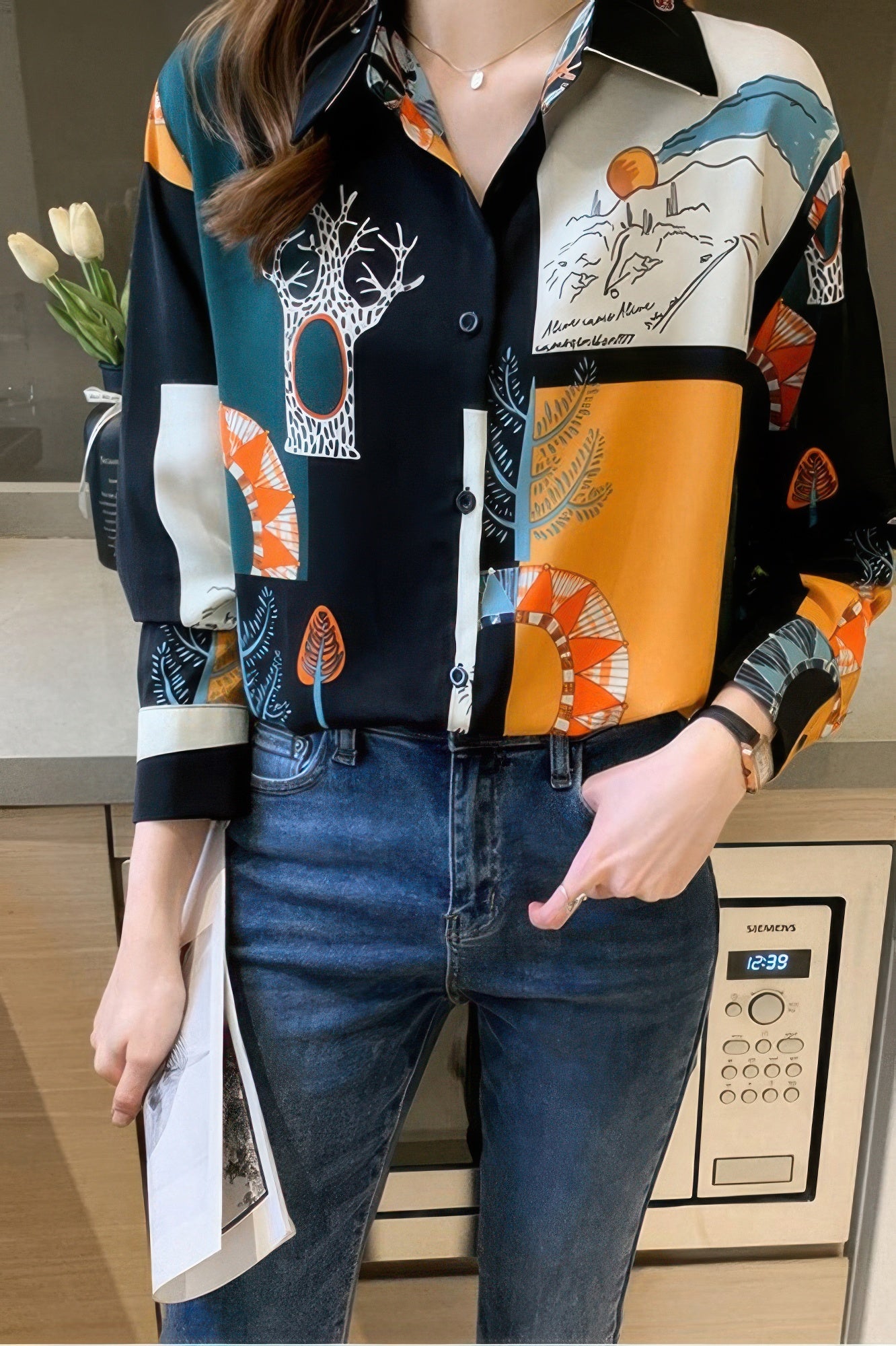 Chain Print Drop Shoulder Loose Fit Blouse