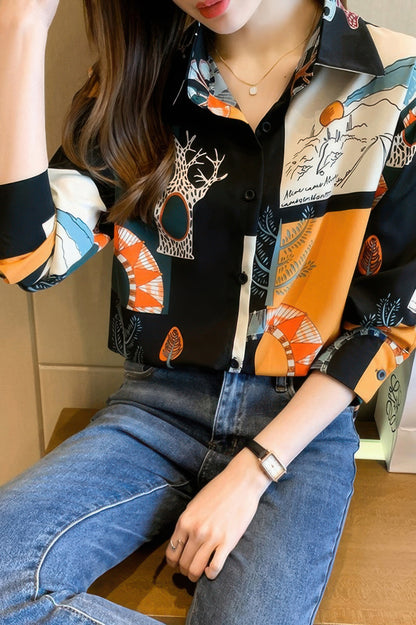 Chain Print Drop Shoulder Loose Fit Blouse