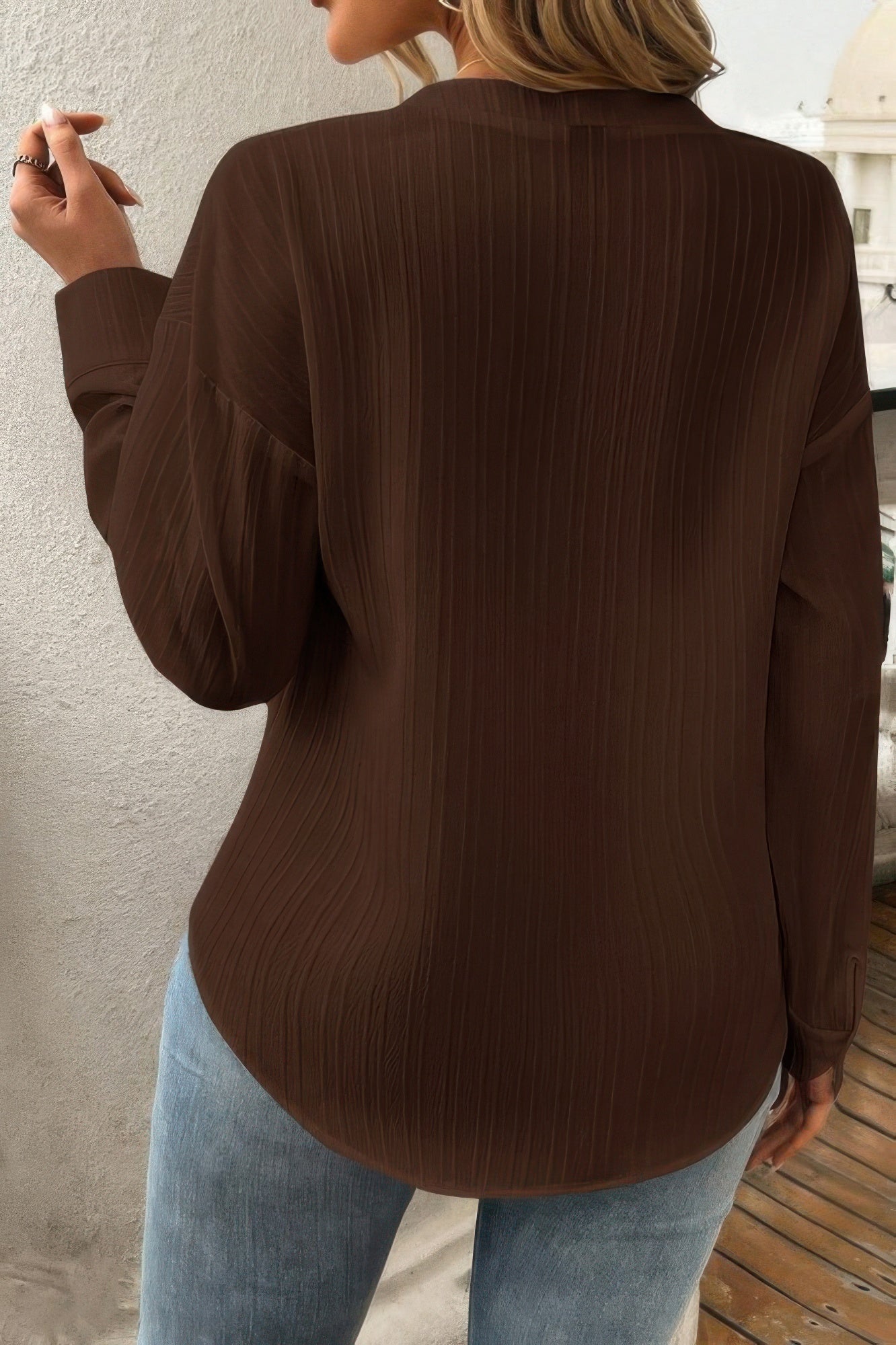 Pleated V Neck Pockets Button Drop Shoulder Blouse