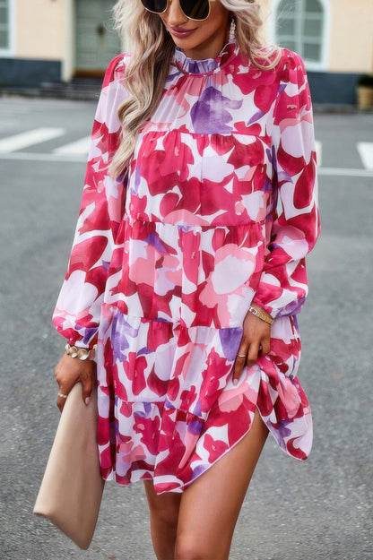 Color Block Hem Ruffle Printing Loose Fit Midi Dress