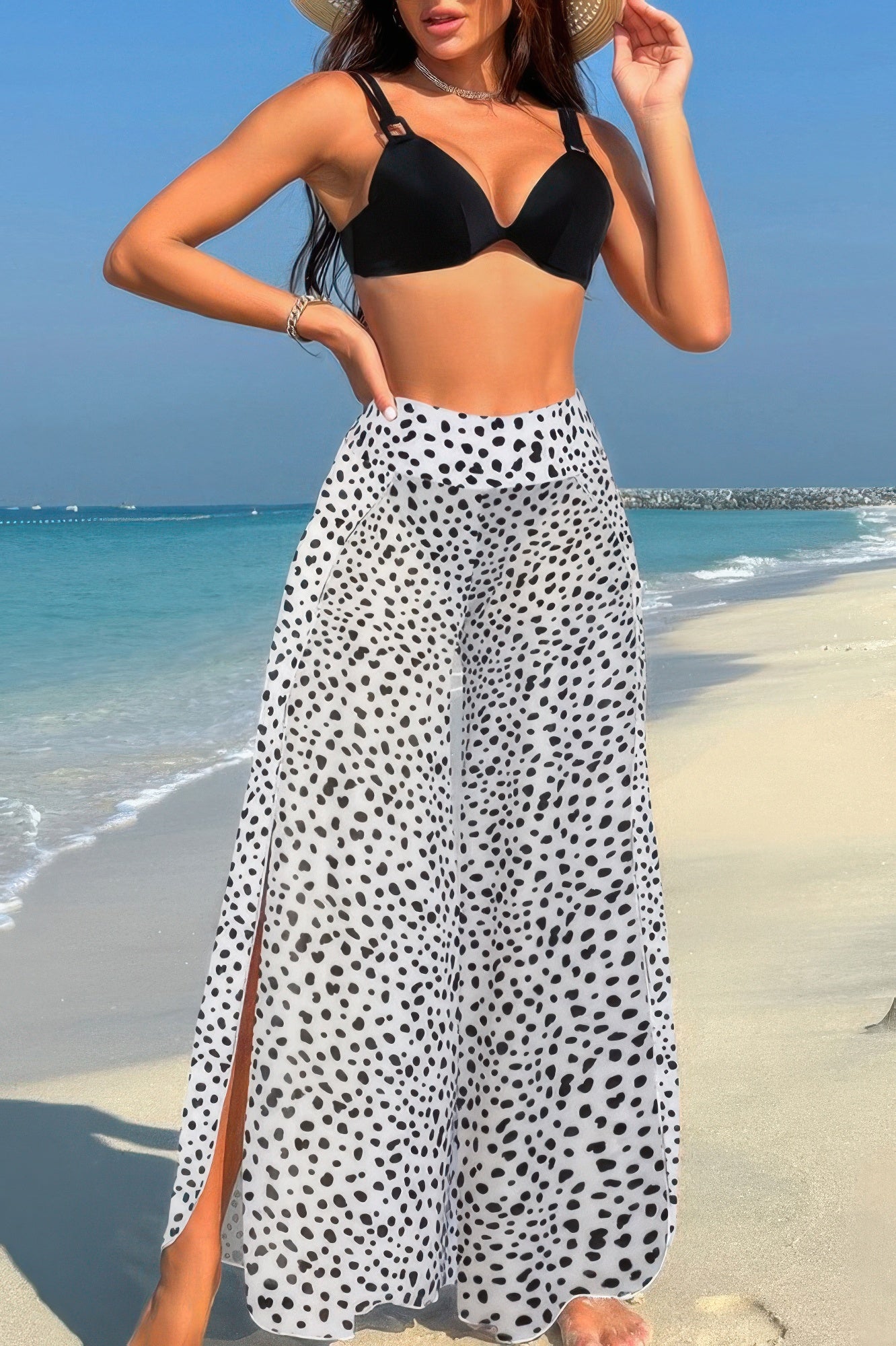 Printed Two Pieces Split Sheer Mesh Pants Swimsuit