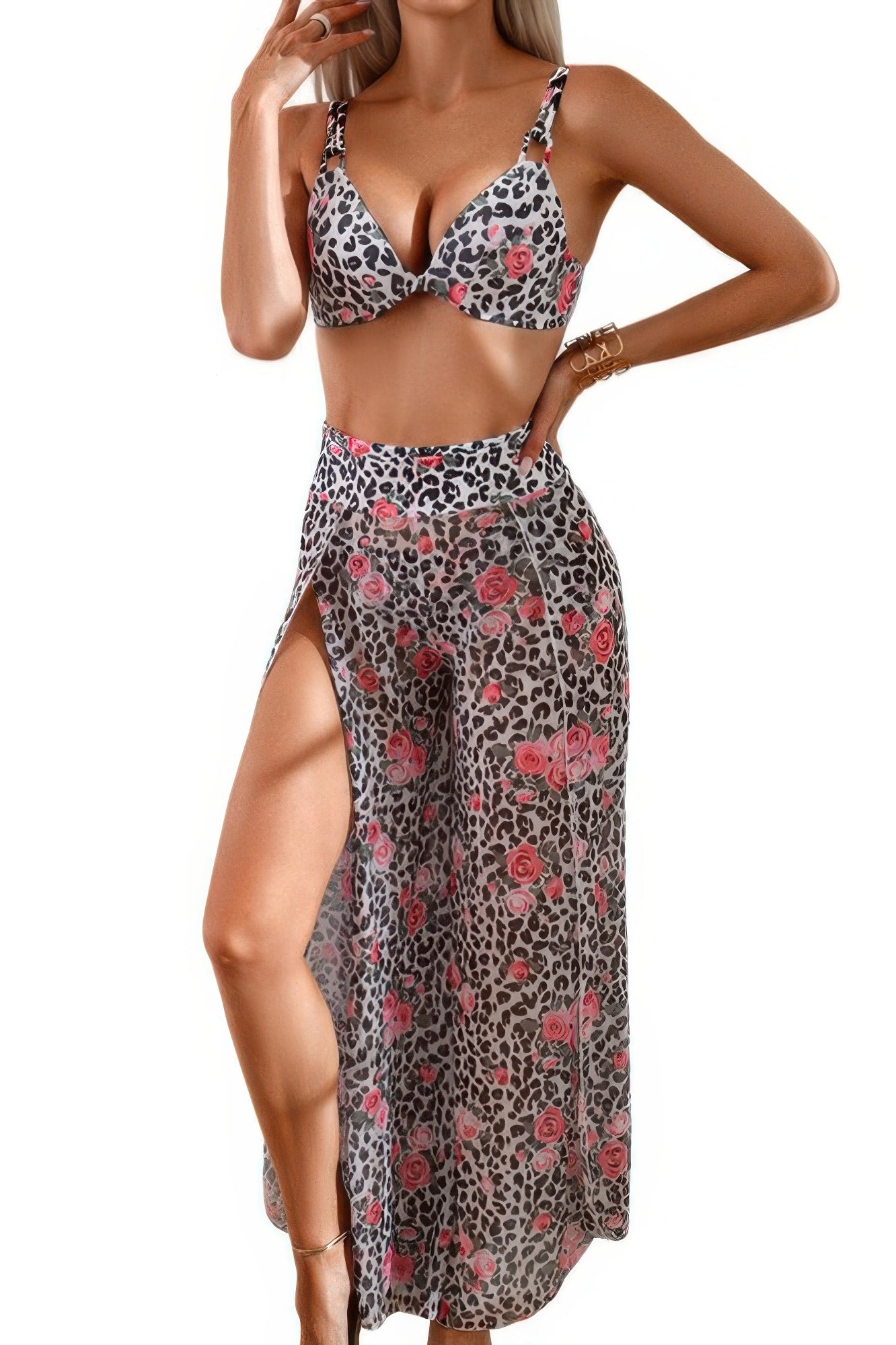 Printed Two Pieces Split Sheer Mesh Pants Swimsuit
