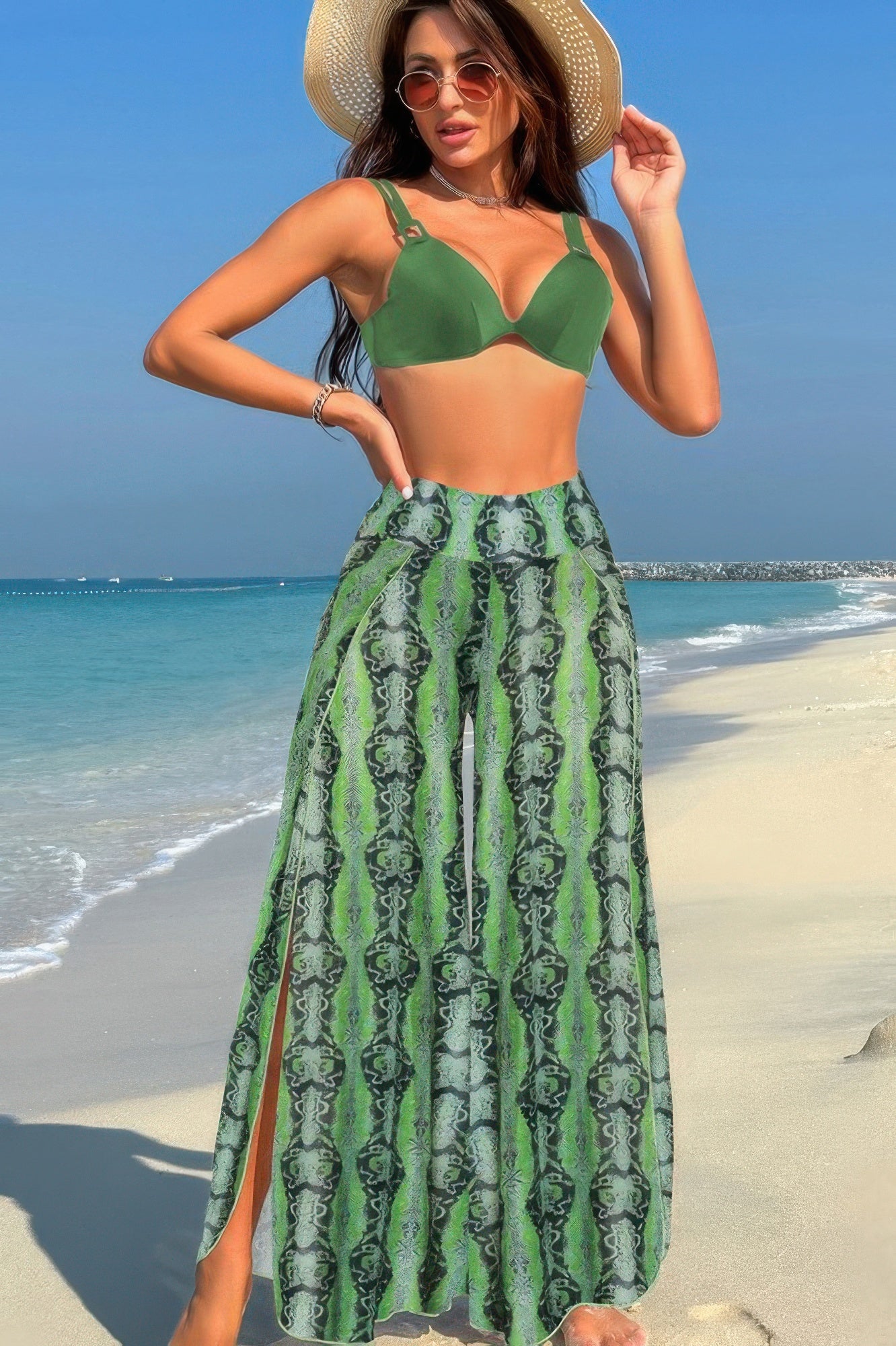 Printed Two Pieces Split Sheer Mesh Pants Swimsuit