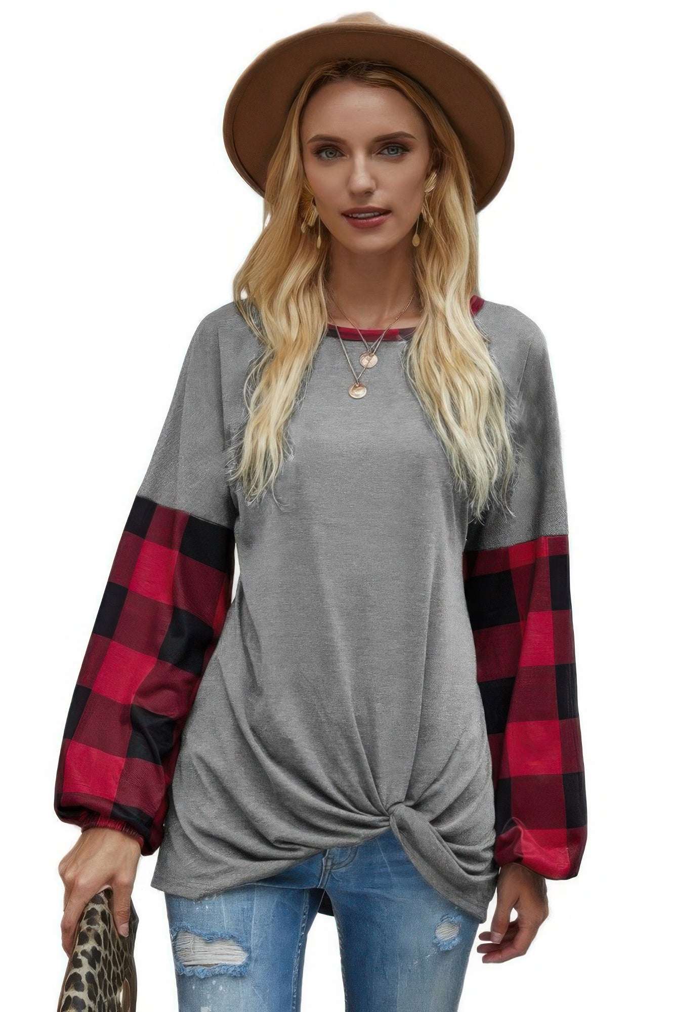 Round Neck Lantern Sleeve Patchwork Pullover