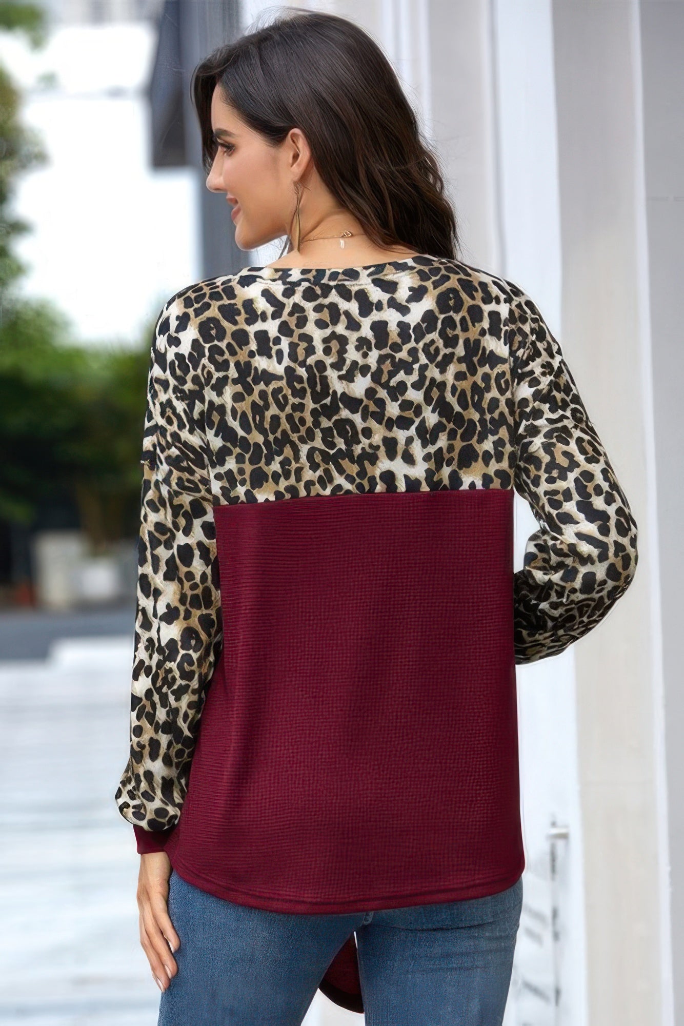 Leopard Stitching Bow Knit Crew Neck Loose Pullover