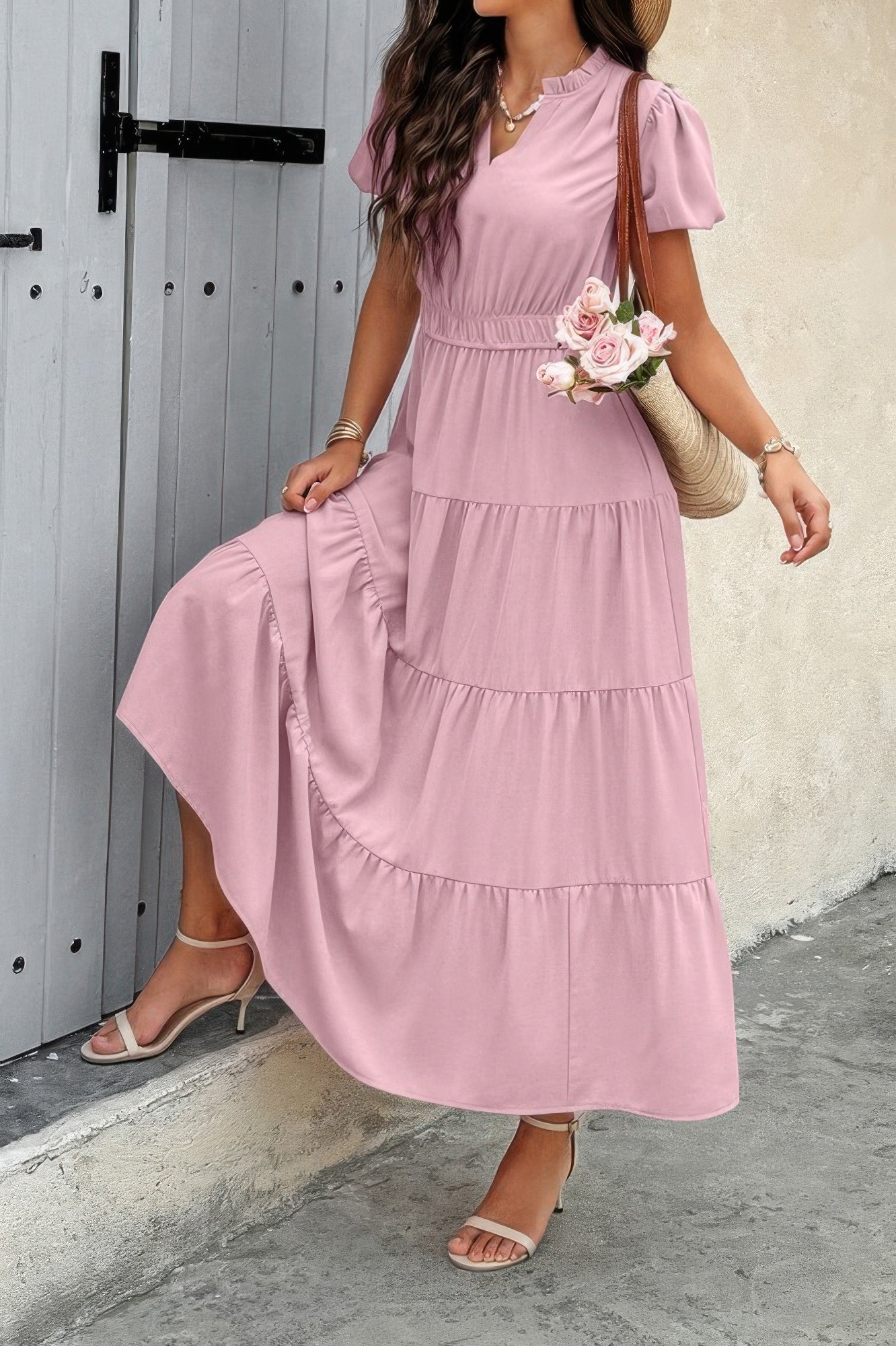 Solid V Neck Color Block Elastic Waist Dress