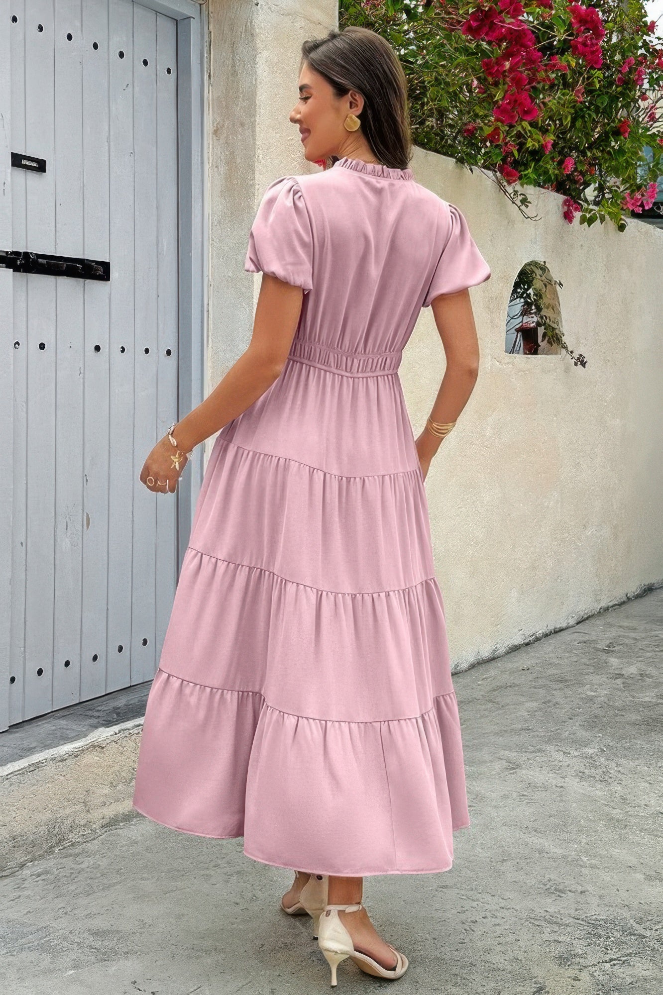 Solid V Neck Color Block Elastic Waist Dress