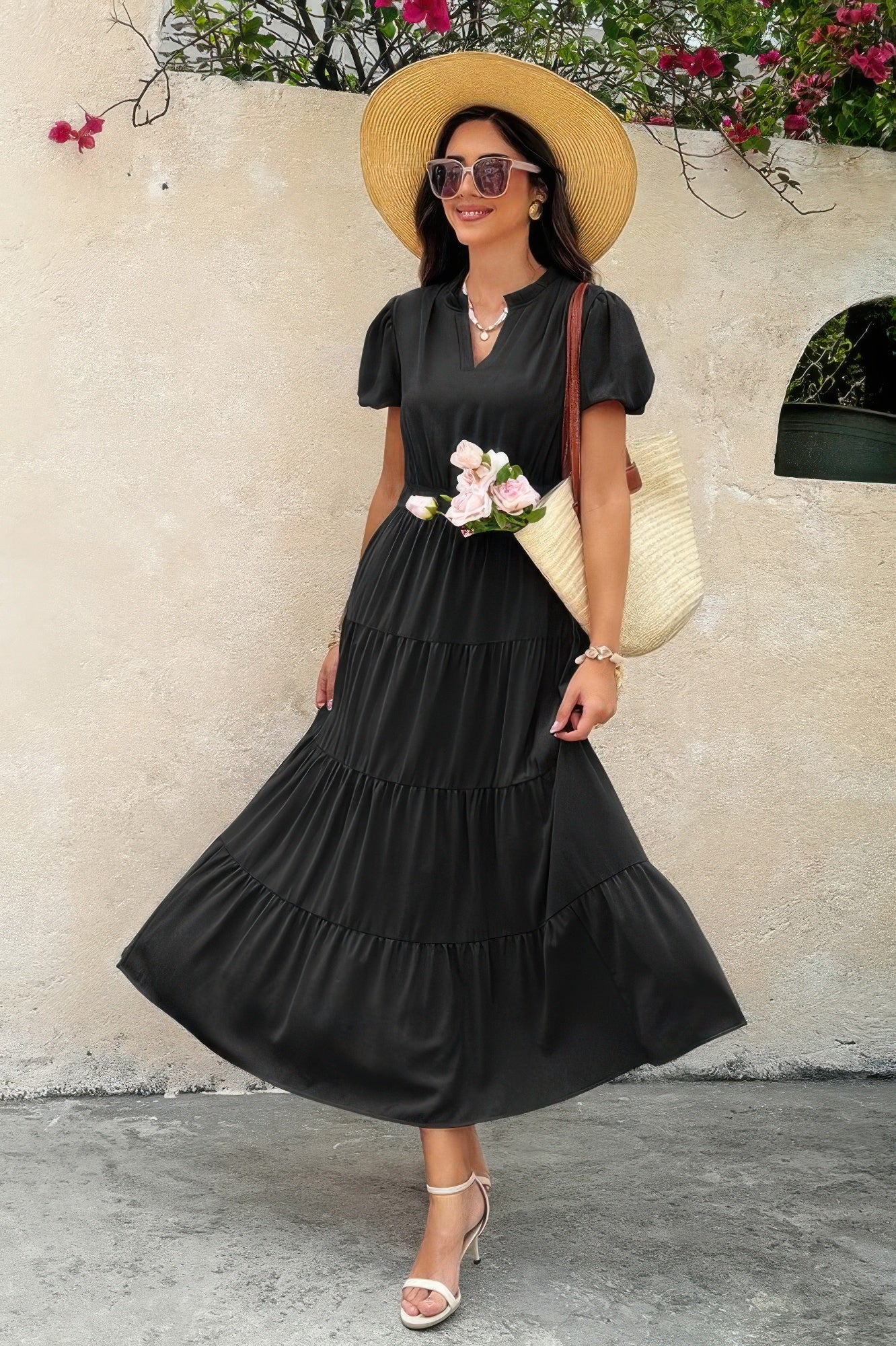 Solid V Neck Color Block Elastic Waist Dress