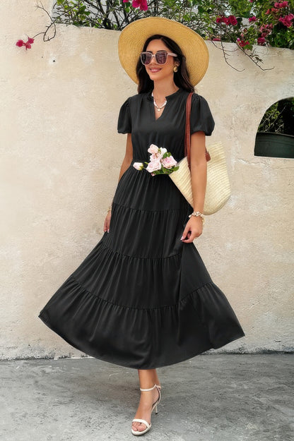 Solid V Neck Color Block Elastic Waist Dress