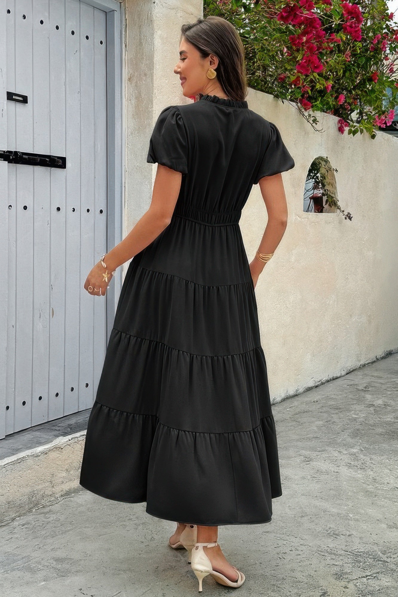 Solid V Neck Color Block Elastic Waist Dress