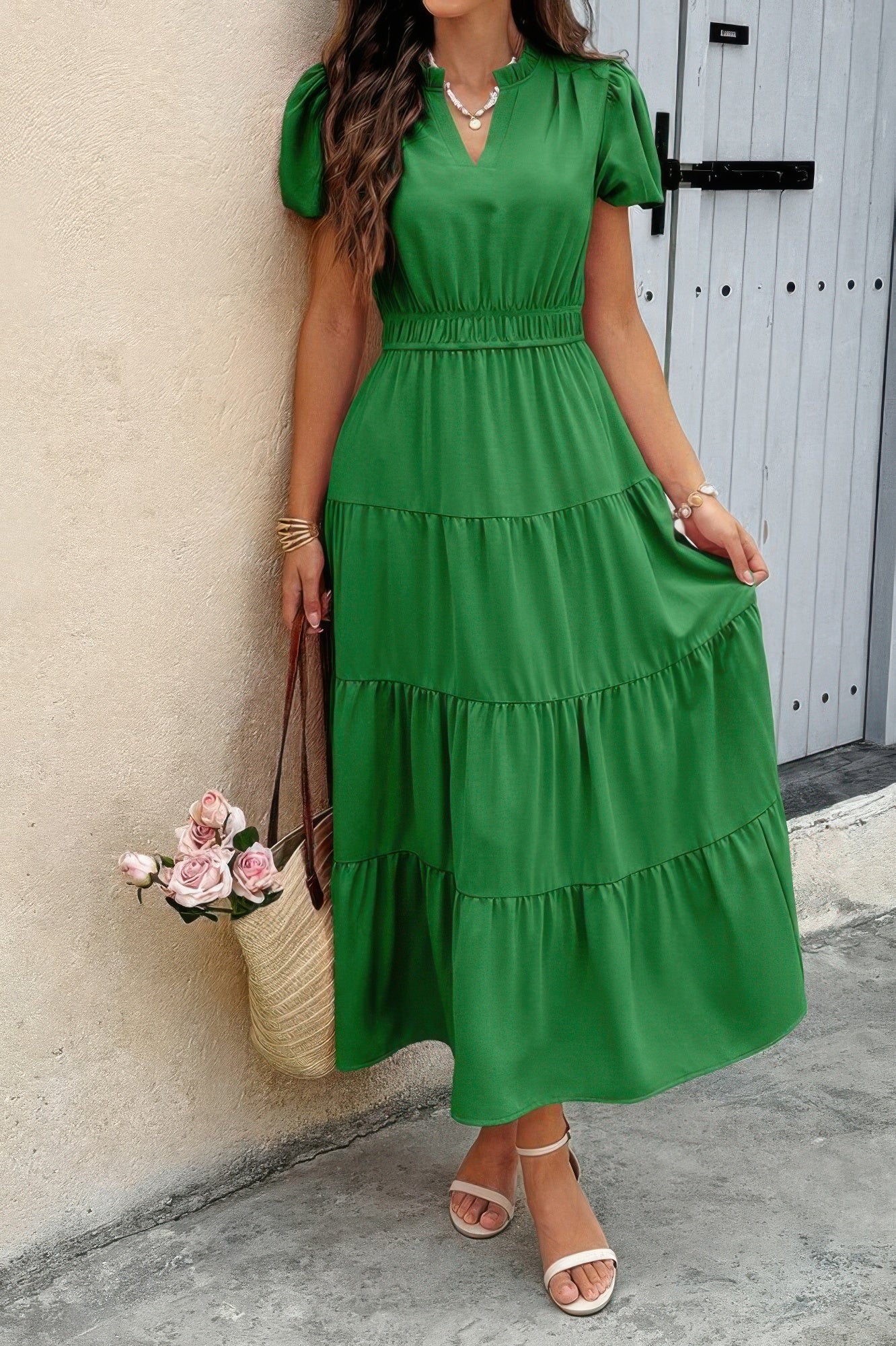 Solid V Neck Color Block Elastic Waist Dress