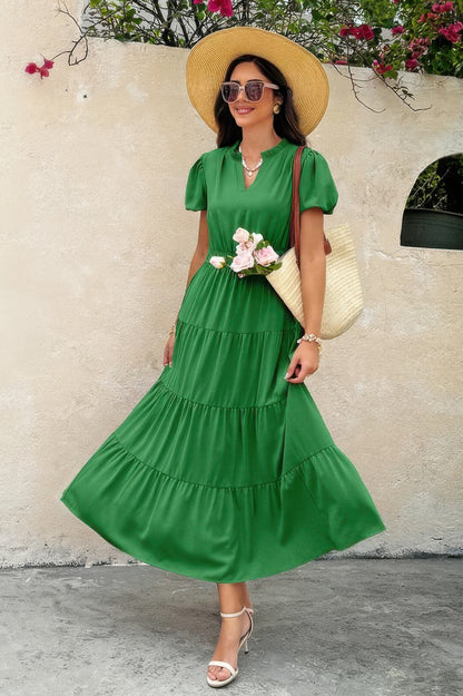 Solid V Neck Color Block Elastic Waist Dress
