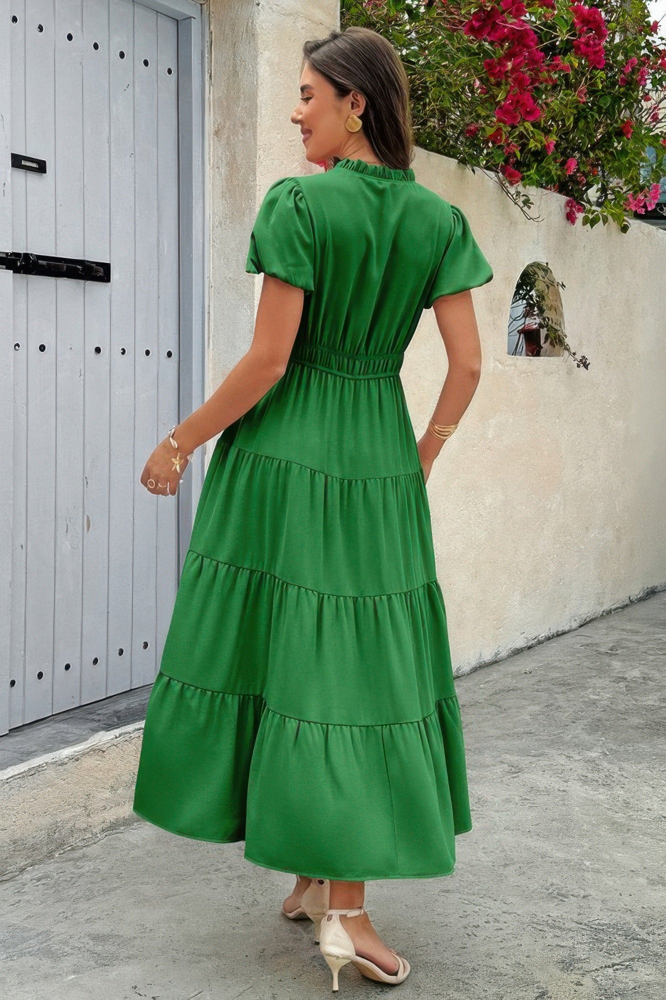 Solid V Neck Color Block Elastic Waist Dress