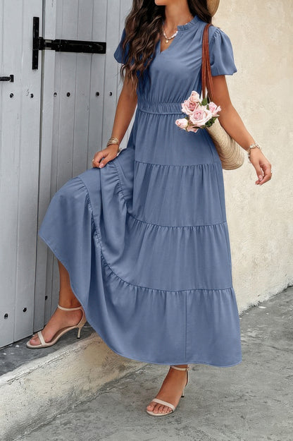Solid V Neck Color Block Elastic Waist Dress