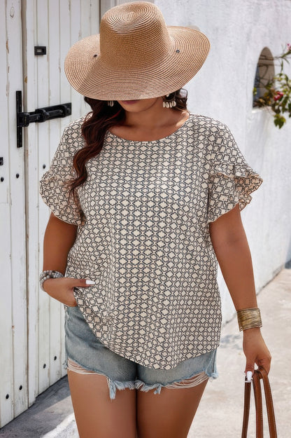 Round Neck Allover Print Ruffle Sleeves Loose Top