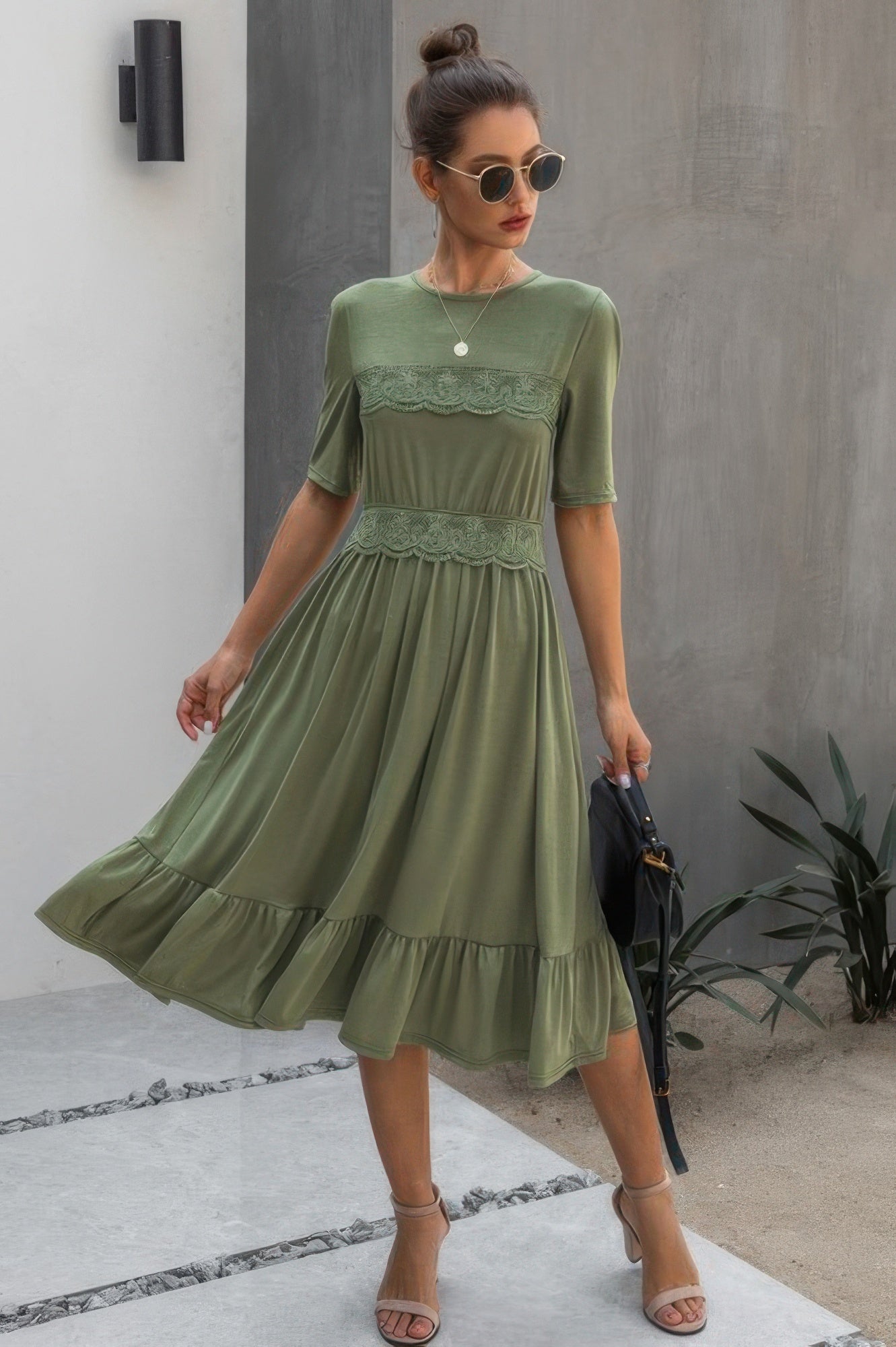 Ruffled Lace Midi Swing Dress