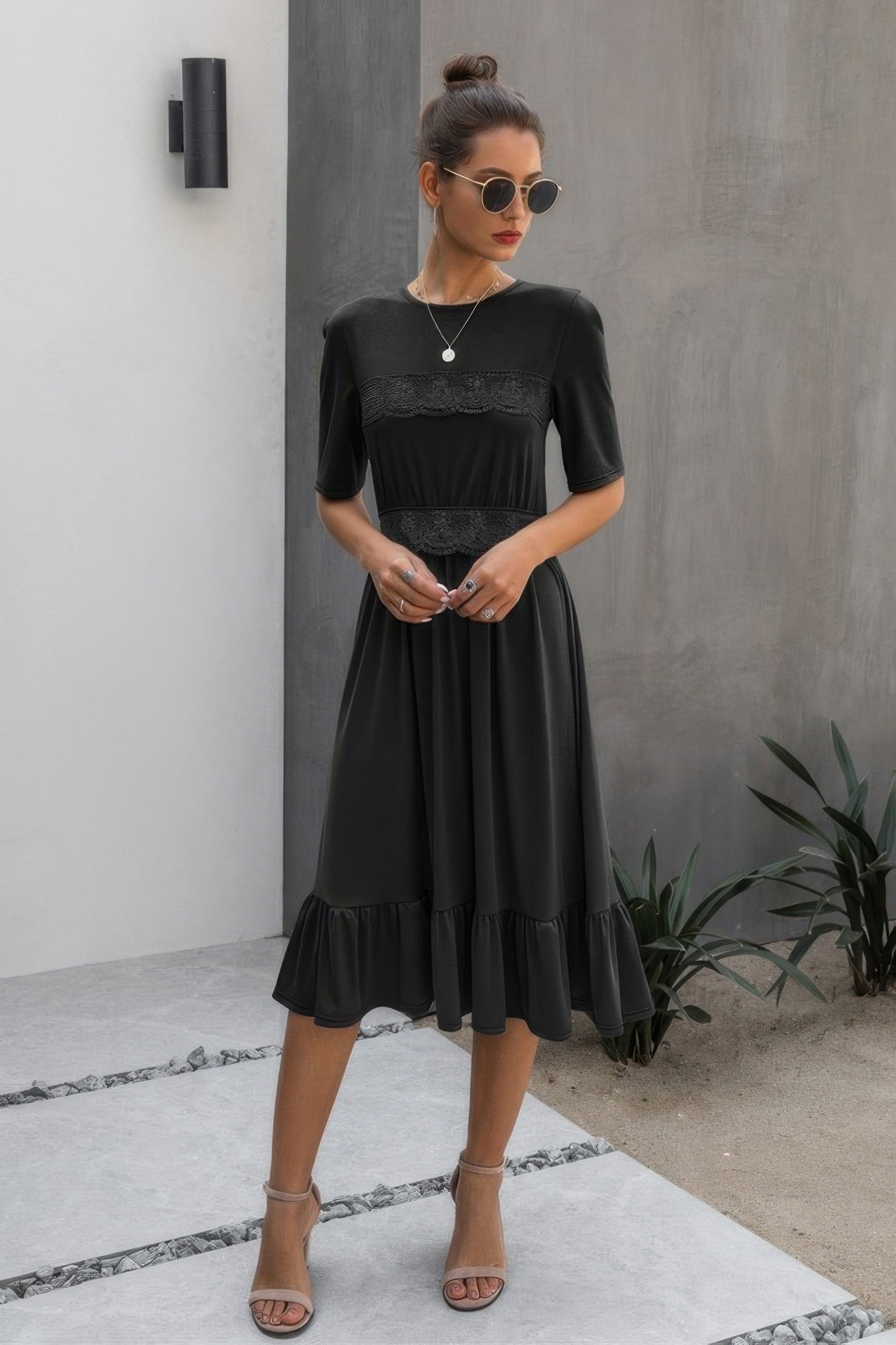 Ruffled Lace Midi Swing Dress
