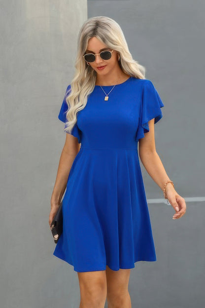 Crew Neck Ruffled Short Sleeve Solid Dress