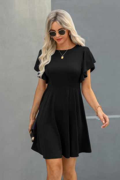 Crew Neck Ruffled Short Sleeve Solid Dress