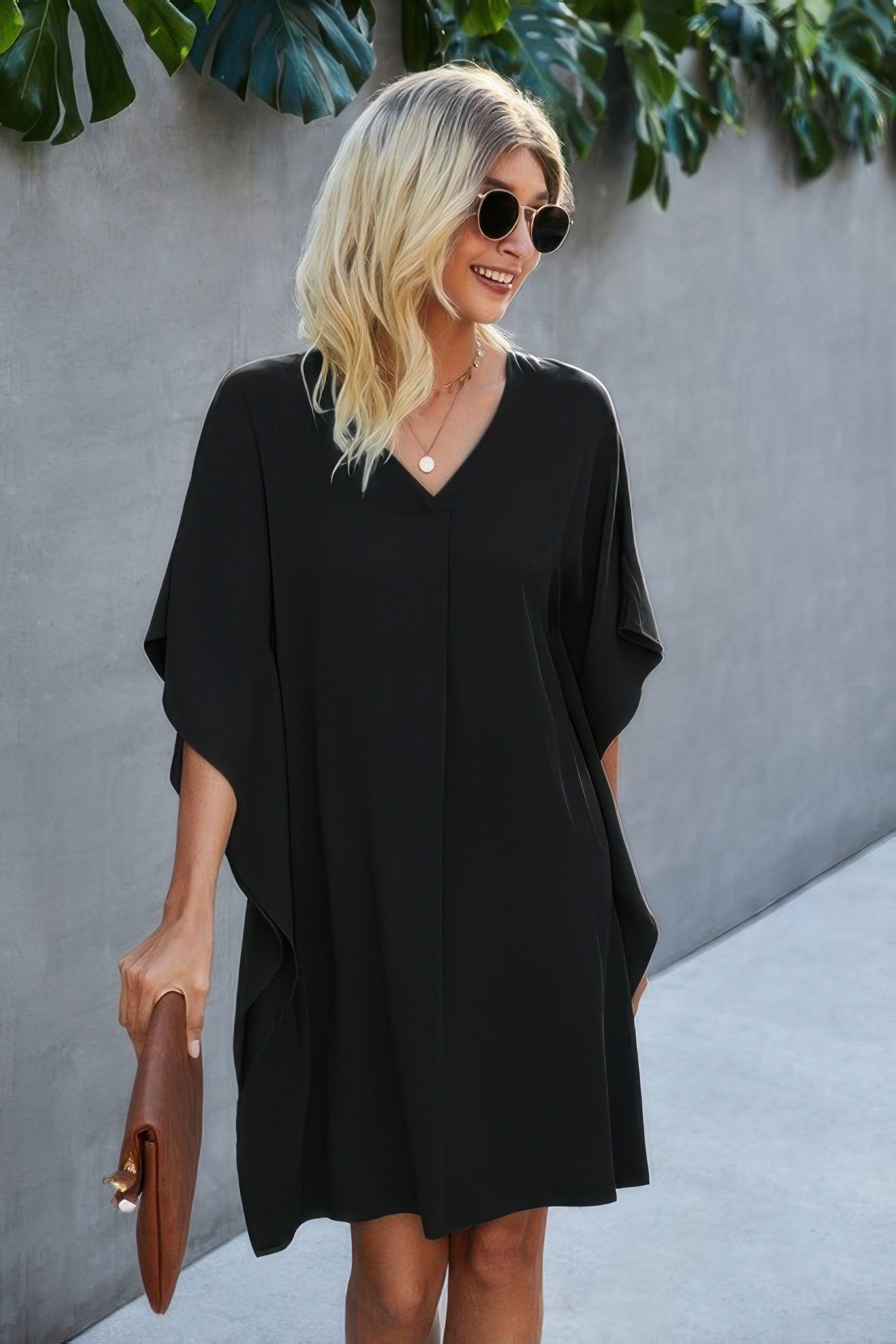 V Neck Solid Short Sleeve Dress