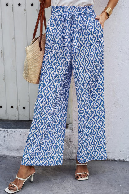 Elastic Waist Belt Pockets Wide Leg Pant