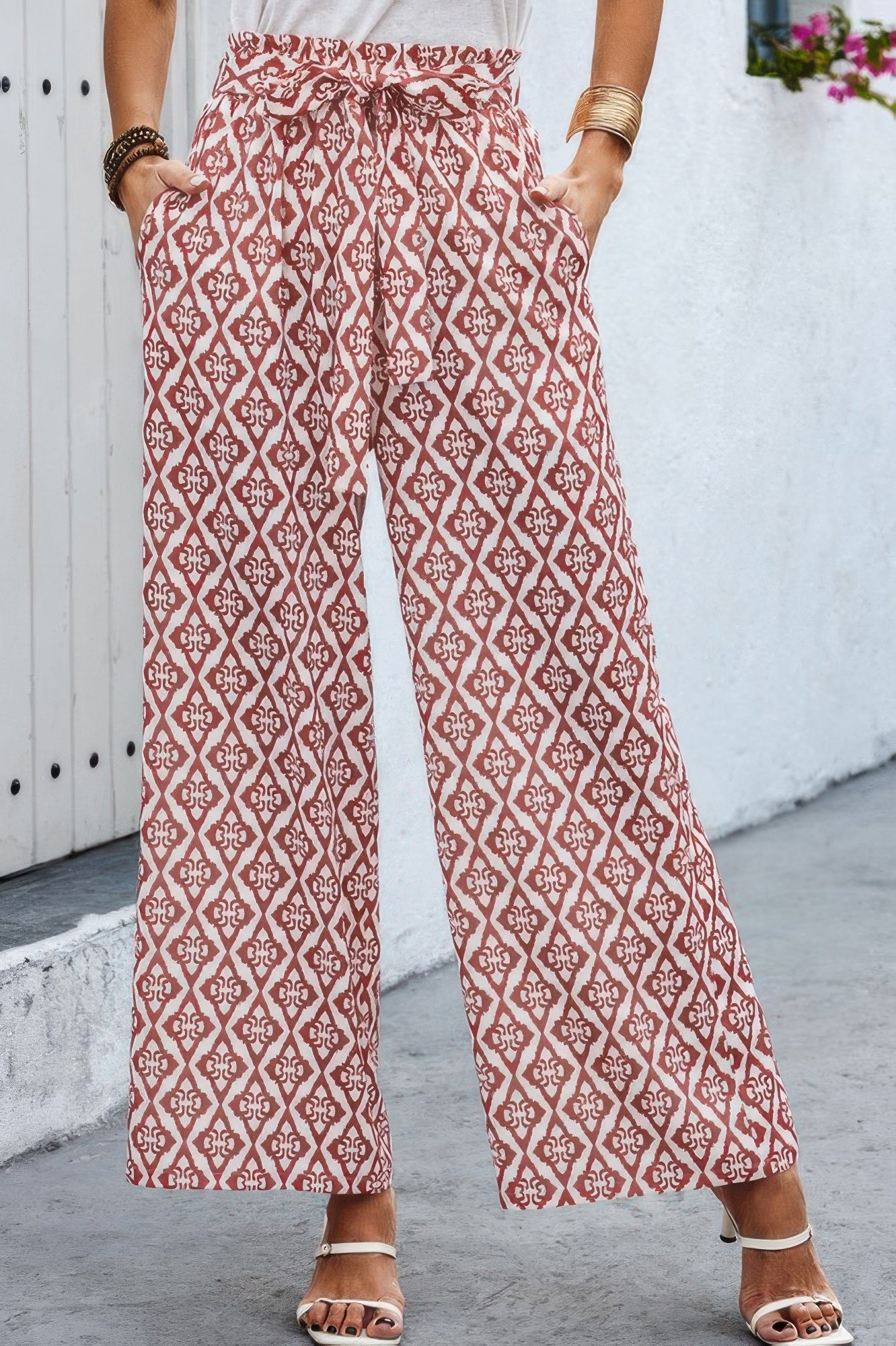 Elastic Waist Belt Pockets Wide Leg Pant