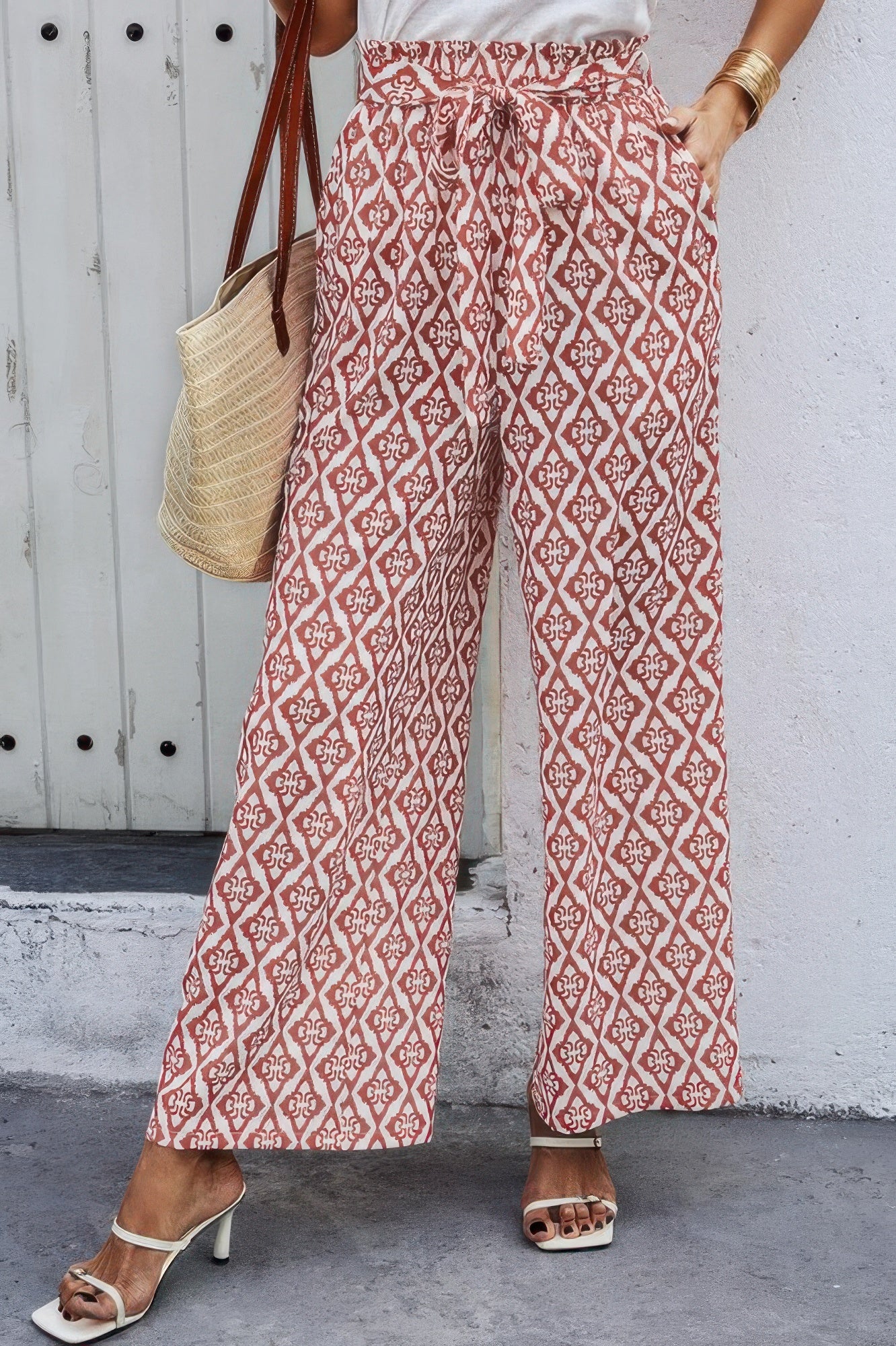 Elastic Waist Belt Pockets Wide Leg Pant