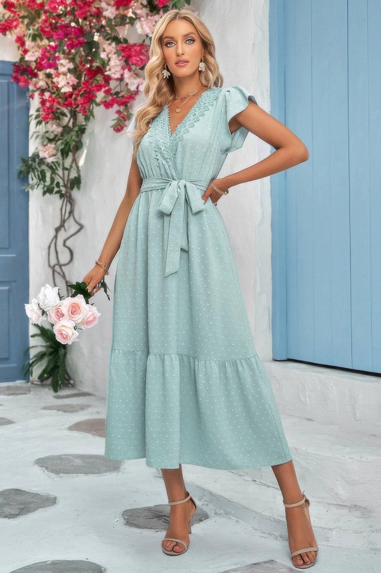Solid Deep V Dot Lace Belt Long Dress