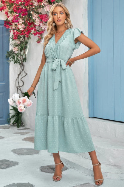 Solid Deep V Dot Lace Belt Long Dress