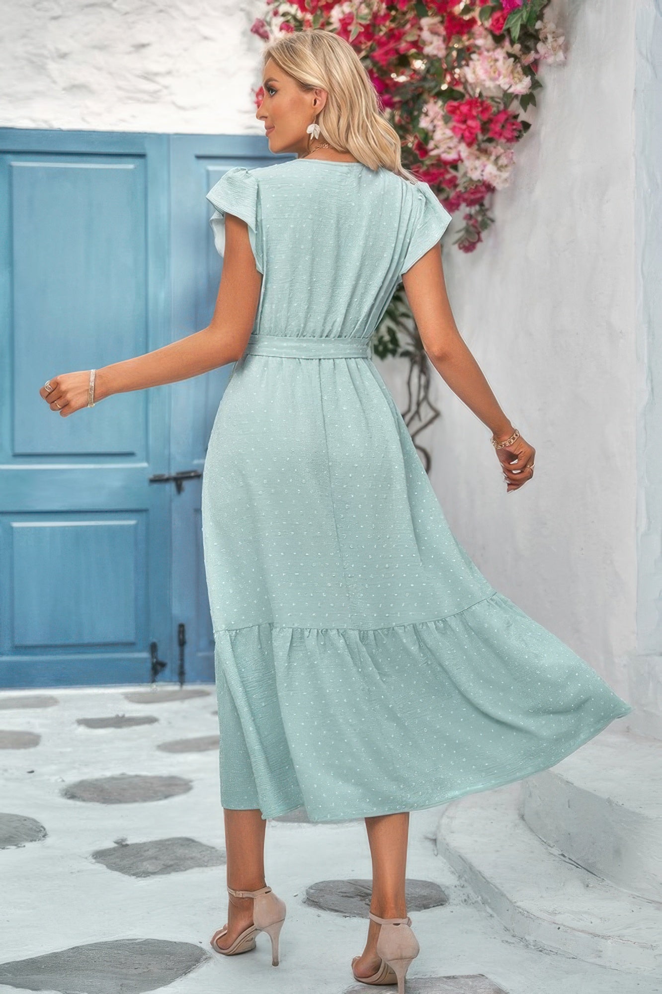 Solid Deep V Dot Lace Belt Long Dress