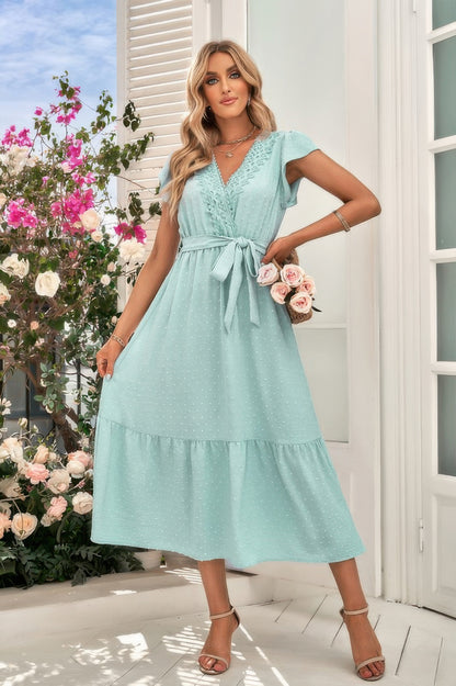 Solid Deep V Dot Lace Belt Long Dress