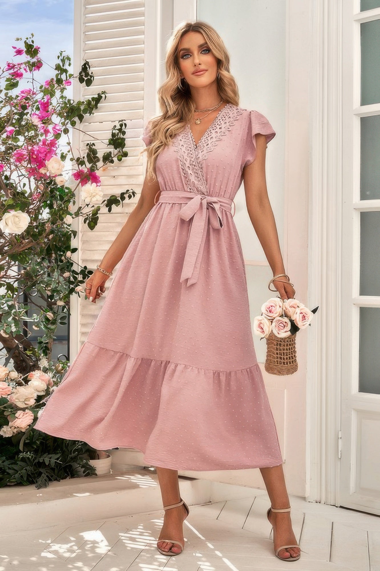 Solid Deep V Dot Lace Belt Long Dress