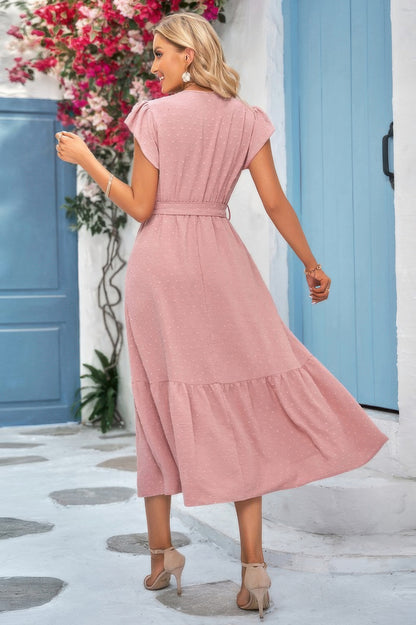 Solid Deep V Dot Lace Belt Long Dress