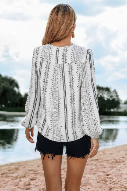Color Block Graphic Print V Neck Ruffle Blouse