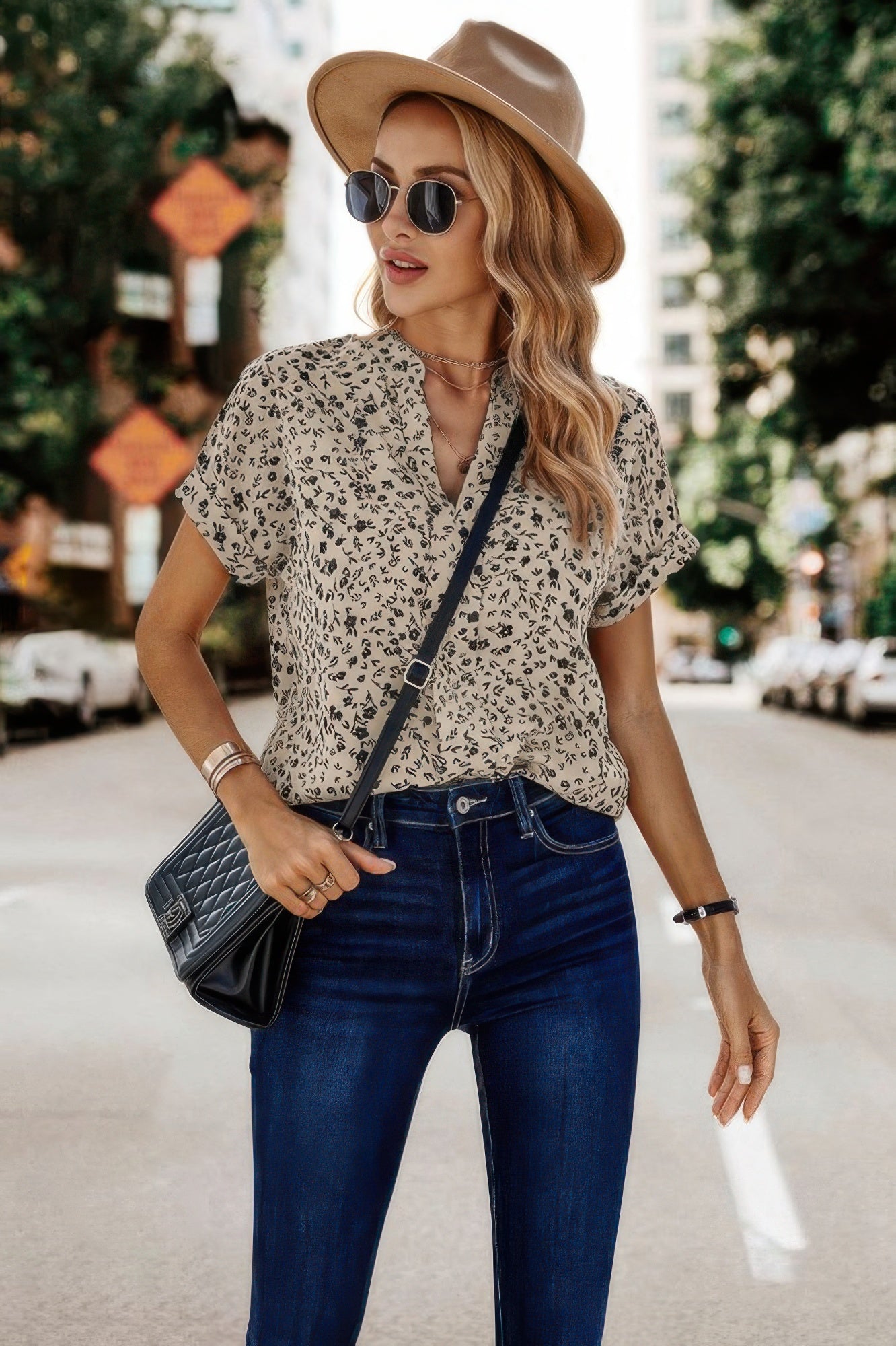Floral Print V Neck Loose Fit Blouse