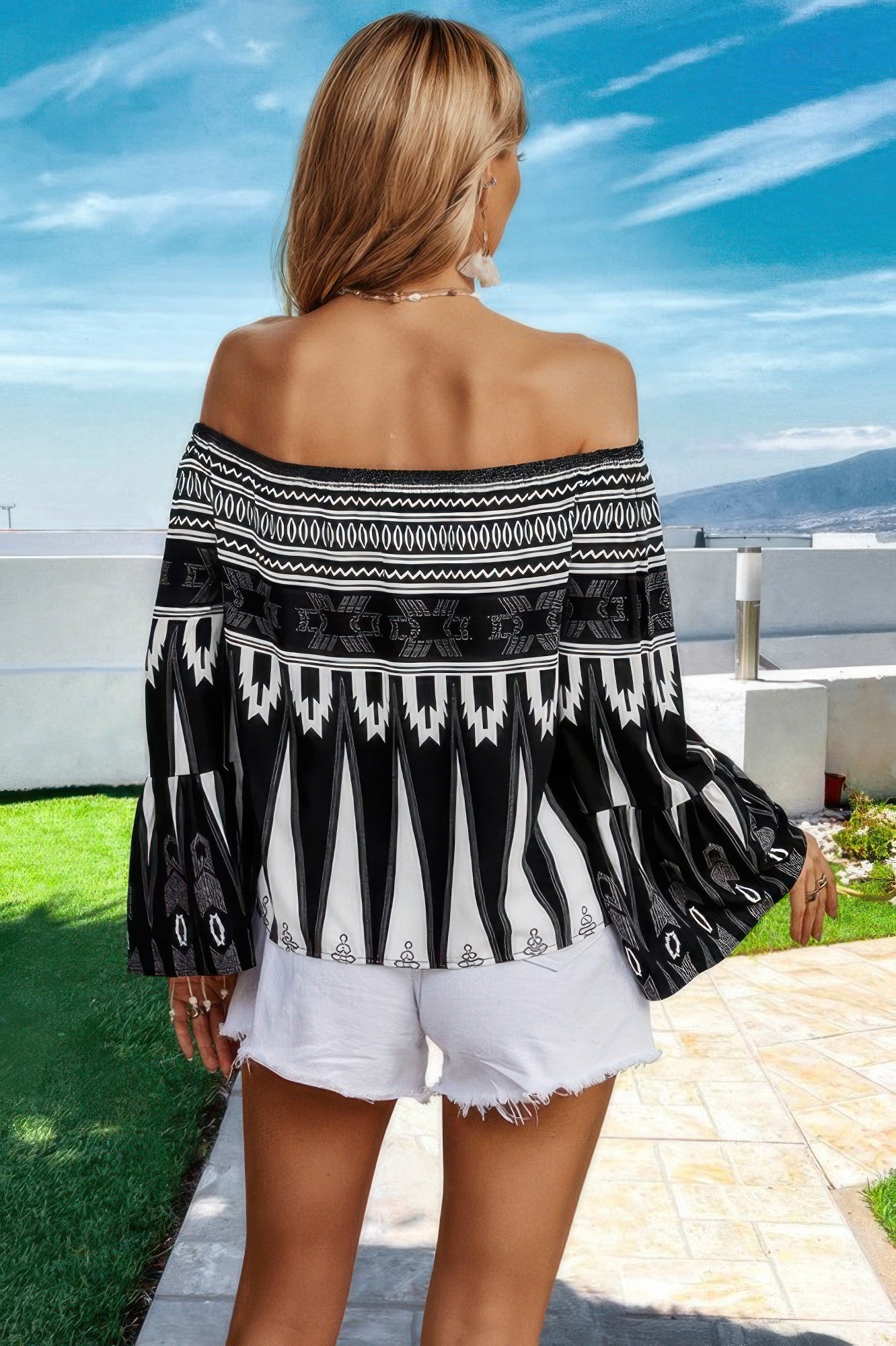 Graphic Print Butterfly Sleeves Off Shoulder Top