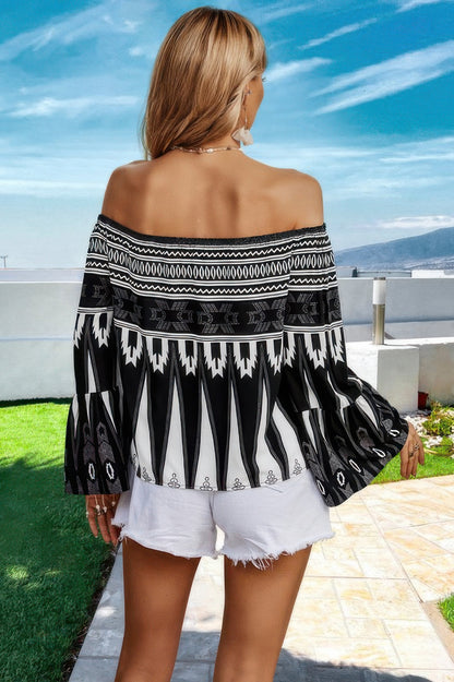Graphic Print Butterfly Sleeves Off Shoulder Top