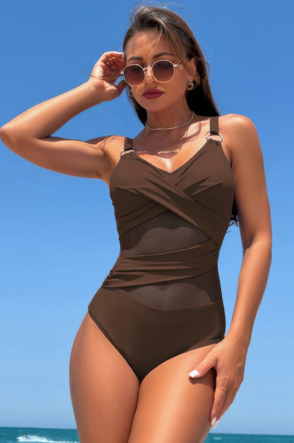 Sleeveless One Piece Cross Lace V Neck Swimsuit