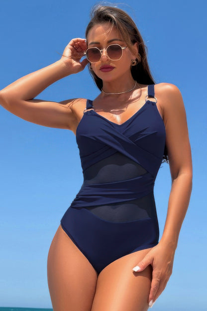 Sleeveless One Piece Cross Lace V Neck Swimsuit