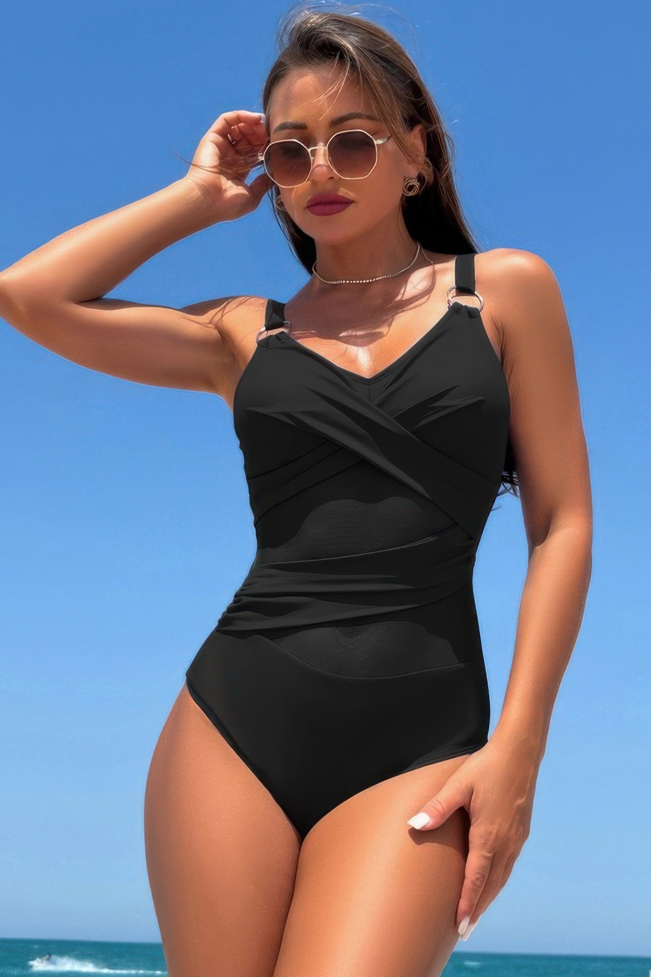 Sleeveless One Piece Cross Lace V Neck Swimsuit