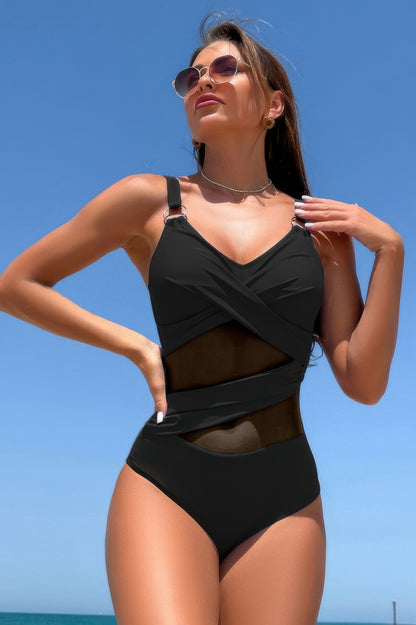 Sleeveless One Piece Cross Lace V Neck Swimsuit