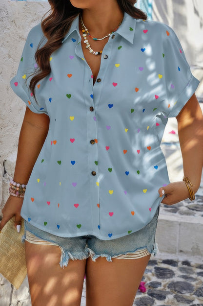 Plus Size Hearts Print Button Down Loose Blouse